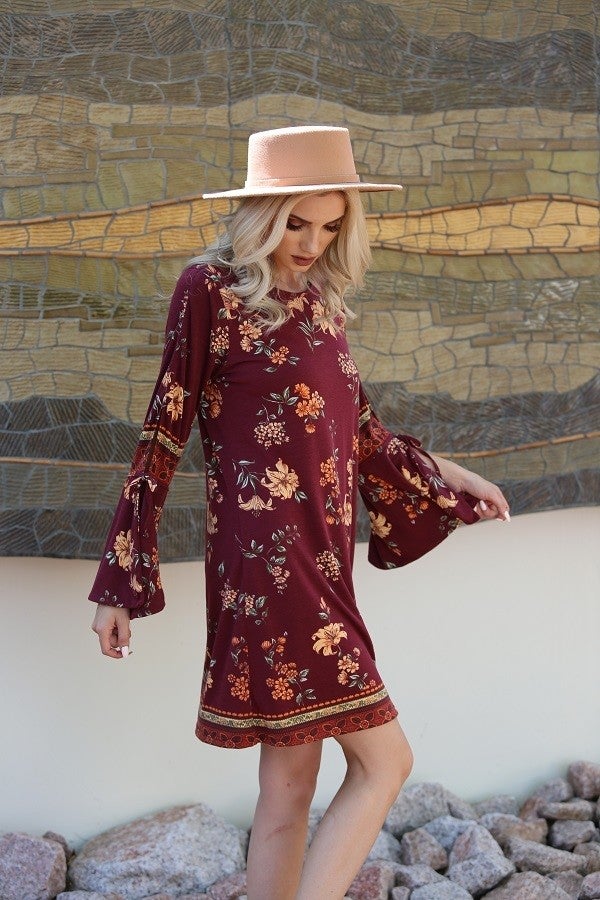 Bell Sleeve Floral Dress Burgundy